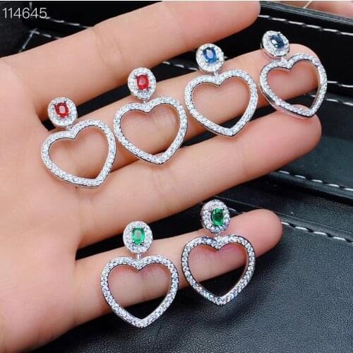 Natural emerald stud earrings 925 silver natural ruby sapphire earrings Elegant Peach heart women party fine Earrings jewelry