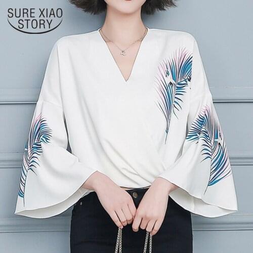 Spring Summer 2021 V-neck Collar Chiffon Shirt with Long Sleeves Printed Bat Sleeve Loose-fitting Belly White Top Fairy 13510