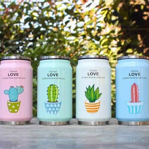 Cute Plant Pattern Straw Thermos Mug Stainless Steel Vacuum Flasks Thermal Bottle Kid Child Cans Cup Thermocup 300ml