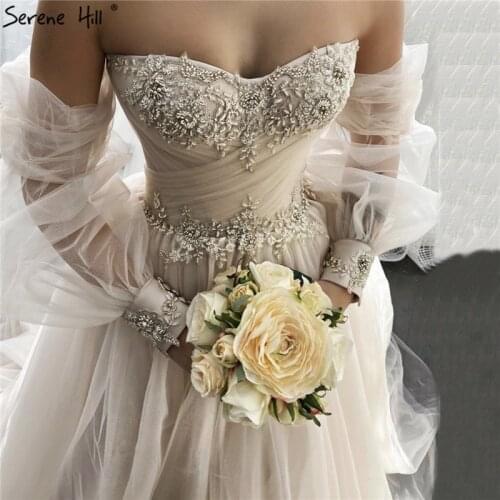 Serene Hill Champagne Lantern Sleeves Sexy Wedding Dresses 2021 Beading Photography Bridal Gowns HA2329 Custom Made