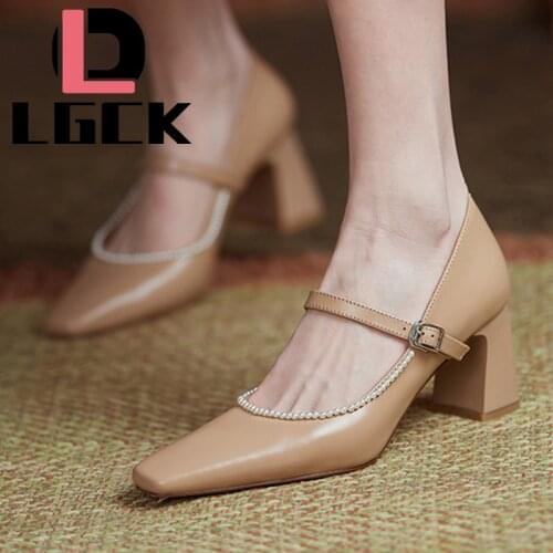 Spring Elegant High Heels Womens High Heels Bride Party Mid Heel Square Head Shallow Mouth High Heel Shoes Pearl Women Shoes