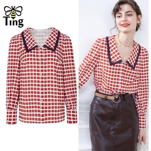 Tingfly Vintage Elegant Red Plaid Button Up Women Lady Casual Blouses Lapel Collar Street Casual Summer Spring Female Blusas