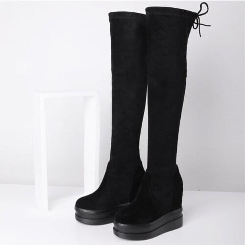 New Women Genuine Leather Wedges High Heel Over The Knee High Military Boots Female Lace Up Stretchy Thigh High Fashion Sneakers