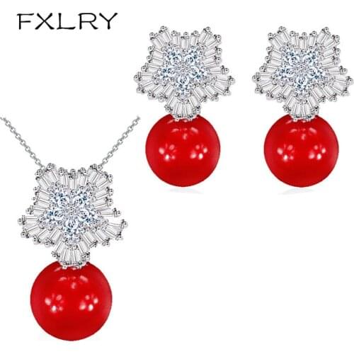FXLRY Elegant White Color AAA+ Cubic Zirconia Flower Women Big Pearl Necklace Pendant and Earrings Jewelry Sets