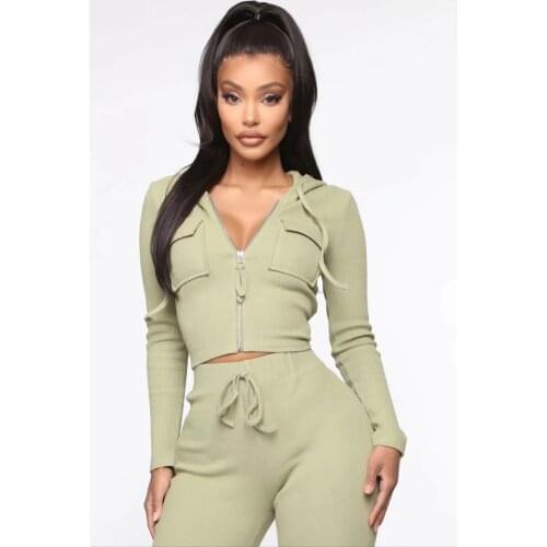 Two Piece Solid Rib Knit Jacket Sweatpant Set Woman Tracksuit Casual Zipper Pocket Crop Long Sleeve Long Pant