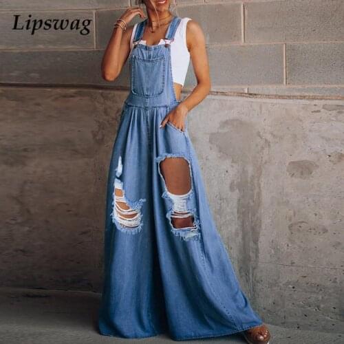 Women Loose Side Pocket Denim Jumpsuit Casual Sleeveless Lady Solid Wide Leg Overalls Fashion Ripped Hole Jean Romper Streetwear