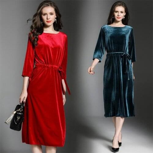 2020 fashion Women Spring Autumn Three Quarter Sleeve Long Dress vintage Sashes Sheath Velvet dress plus size velour dress S-7XL