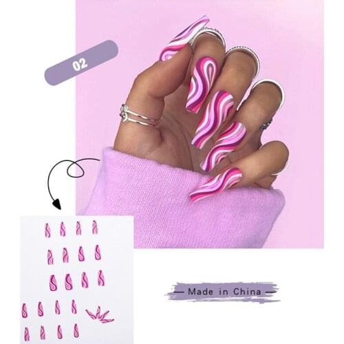 24Pcs Long Coffin False Nails with Colorful Wave Designs Wearable Fake Nail Press on Nails Coffin Artificial Nails Nail Tips
