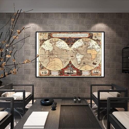 80*60cm The World Map Retro Spray Canvas Painting Medieval Latin Wall Art Poster School Supplies Living Room Home Decoration
