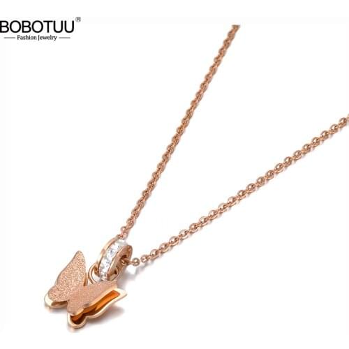 BOBOTUU Bohemia Stainless Steel Love Butterfly Charm Choker Necklace CZ Crystal Animal Pendant Chain Jewelry For Women BN20031