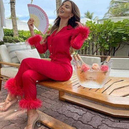 Homewear Pajamas Women Casual Lapel Button Tops + Pants Suits Autumn Winter Design Soft Feather Long Sleeve Fashion 2 Piece Set