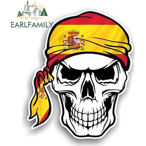 EARLFAMILY 13cm x 10.7cm GOTHIC BIKER Pirate SKULL HEAD BANDANA & Spain Spanish Country Flag Vinyl Car Sticker