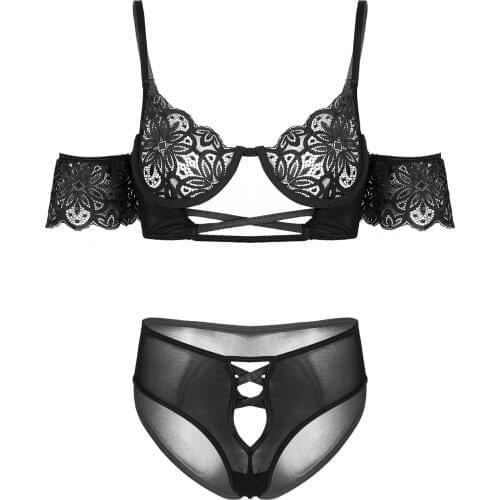 Womens Exotic Lace Lingerie Sets Short Sleeve Underwired Unlined Hollow Out Bra with Open Crotch Ladies Femme Briefs Underwear
