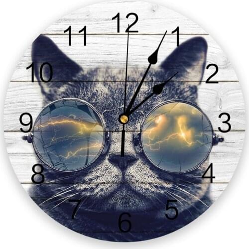 Cat With Sunglasses On Wooden Board Texture Creative Wall Clock For Home Office Decoration Living Room Bedroom Hanging Watch