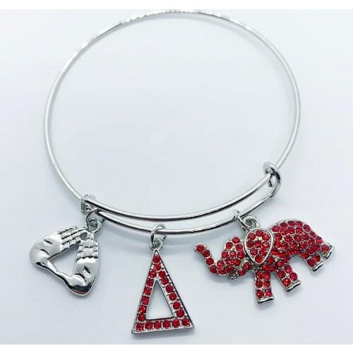 Red rhinestone inlaid metal elephant charm bracelet Greek letter society DELTA sorority symbolic jewelry retractable wire bangle