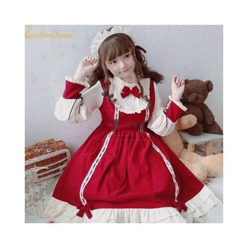 Adult Black/Red Sweet Dress Lolita Dress College School Cute Girls Lolita OP Anime Halloween Cosplay Costume For Women Tea dress