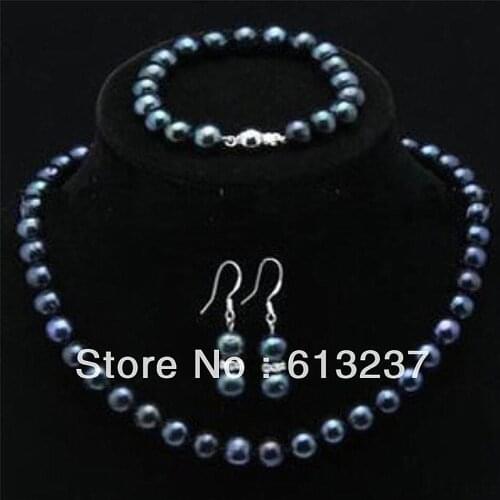 Fashion style 7-8mm newly black akoya pearl diy charms necklace making Bracelet Earring 1 Sets 18" & 7.5" MY4283