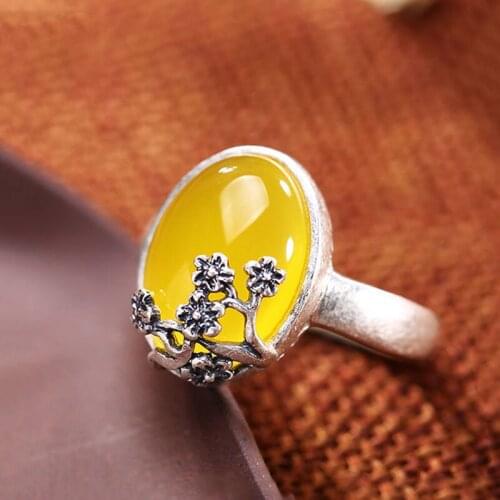 New Silver Creative Natural Chinese Style Retro Light Luxury Topaz Plum Blossom Charm Ladies Open Adjustable Ring