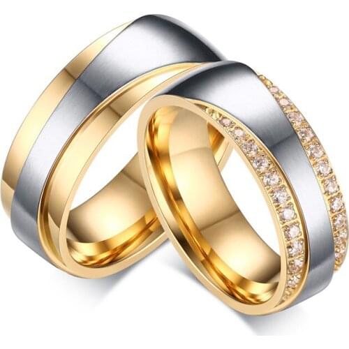 Wedding engagment diamond ring cz stone Lovers Alliance Promise Rings For couples 14k gold plated Stainless Steel Jewelry