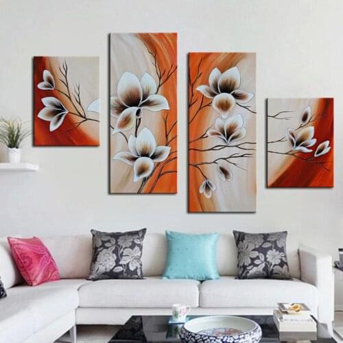 Huge Size Beautiful Flower Oil Painting 4 Pictures Combination Modern Abstract Flower Canvas Wall Art Home Decor Image Unframed