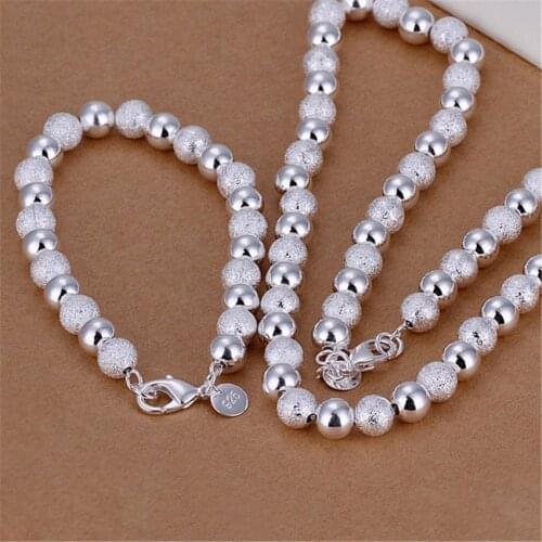 Hot Christmas gifts European style retro fashion male 8MM sand light bead necklaces bracelets Silver color Jewelry Set S056