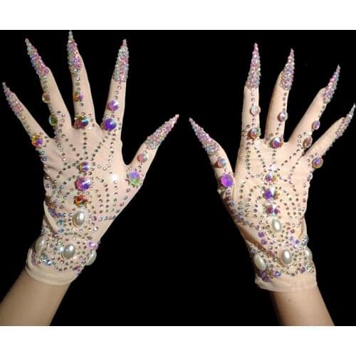 Luxurious AB Rhinestone Pearls Gloves Women Fashion Crystal short Gloves Drag Queen Nightclub Stage Performance Show Accessories