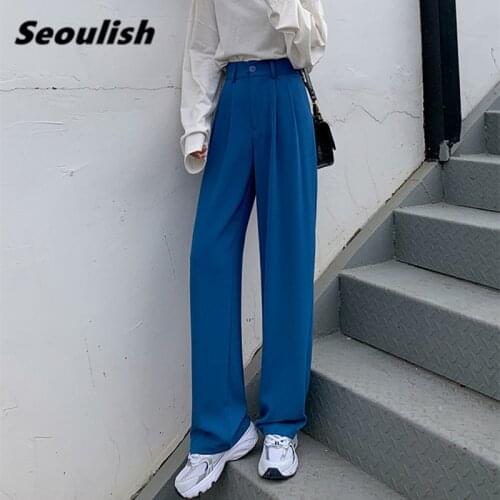 Seoulish 2021 New Spring Summer Blue Wide Leg Womens Pants Button High Waist Female Elegant Minimalism Office Work Trousers