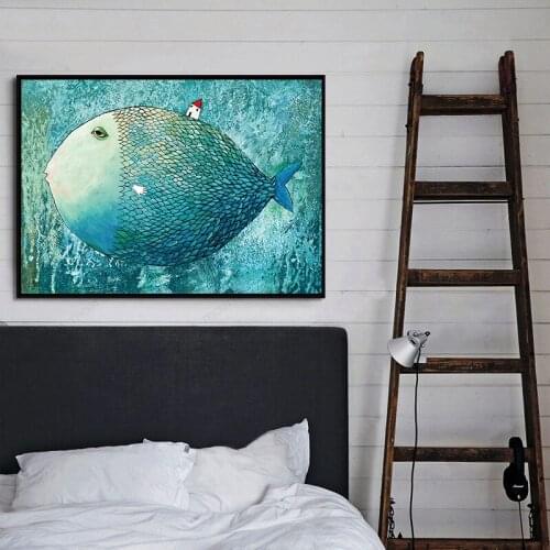 Modern Cartoon Nordic Big Fish Small House Canvas Painting Art Print Poster Picture Home Decoration Wall Decor