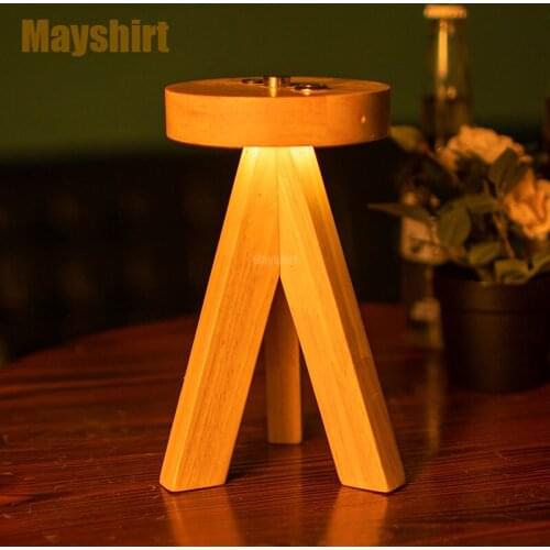 LED Rechargeable Bar Night Lights Restaurant Wood Tripod Table Lamps for Bedroom Bedside Night Lamp Living Room Light Fixtures