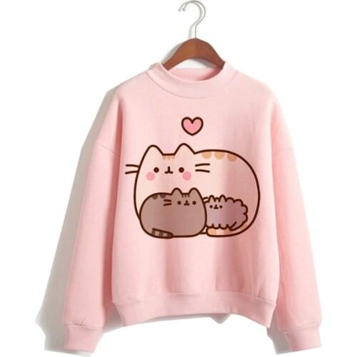 Pusheen cartoon cat funny women harajuku kawaii clothing Casual ulzzang Sweatshirt Oversized streetwear female 90s pink