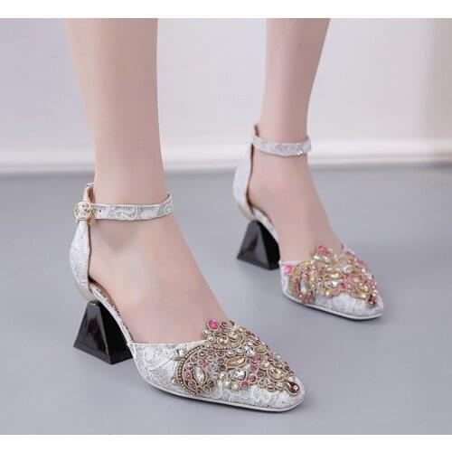 US4-11 Womens Pointed Toe Crystal Rhinestones Beads Strange High Heel Wedding Shoes Bridal Ankle Belt Buckle Shoes Plus Size
