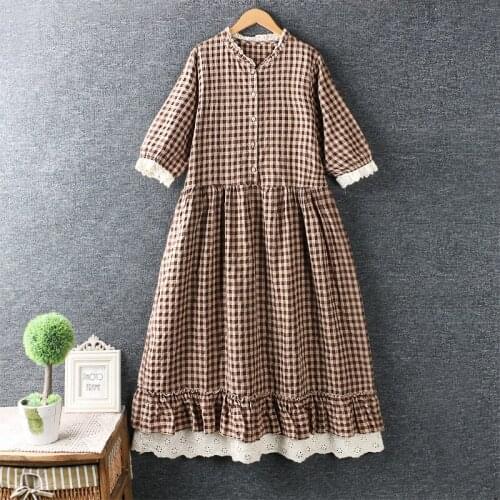 Lamtrip Vinatge Classic Plaid Ruffled CollarLace Patchwork Loose Single Breasted Dress Retro Linen Robe