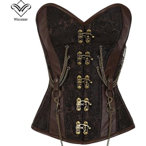 Wechery Women Sexy Vintage 14 Steel Boned Corset Punk Brown Printed Bustier Steampunk Gothic Corsets With Metal Chain for Party