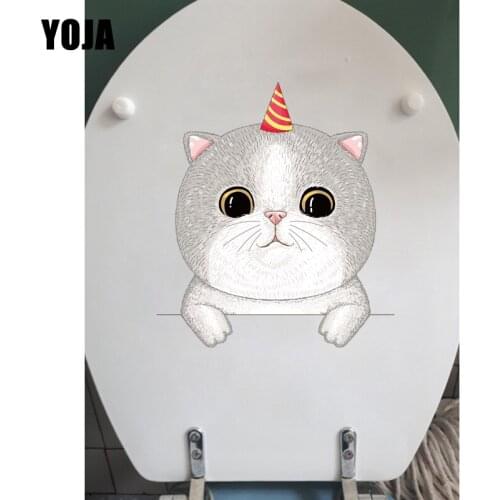 YOJA 19.8*22.1CM Cartoon Cat With Big Eyes Funny Toilet Sticker Classic Child Room Wall Decal T1-0116
