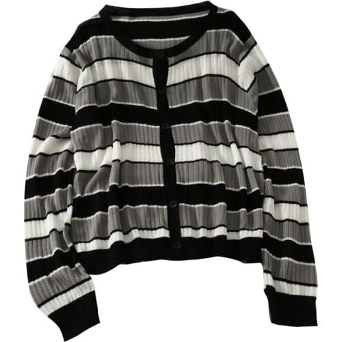 Autumn o-neck long sleeves hit color stitching striped single-breasted thin section long-sleeved knit T-shirt women