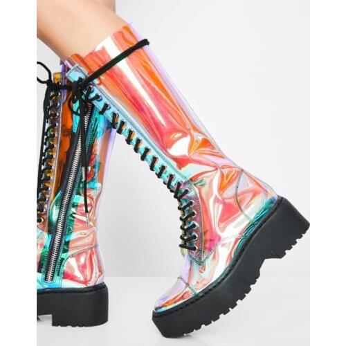 2019 new fashion flat-bottom illusion PVC lace-up boots womens catwalk banquet womens shoes