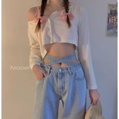Korean version of the retro small waist light blue jeans womens tie high waist loose casual BF wide-leg denim trousers women