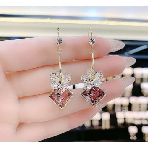 2021 Silver Blue Crystal Earrings Light Luxury Fashion Flower Diamond Western Style Temperament For Women Jewelry Party Gift