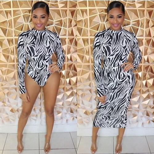 BKLD Fashion Zebra Striped Printed Two Piece Outfits Women Long Sleeve Bodysuit Top And Midi Skirt Sets 2019 Autumn Clubwear Set