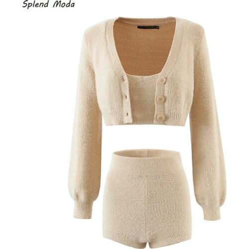 French Vintage 2021 Summer Three-Piece Knitted V-Neck Single-Breasted Cardigan Crop Top + Suspenders + High Waist Shorts Women