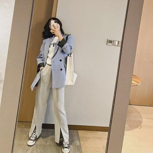 2021 Womens Spring Autumn Blue Solid Oversize Long Jacket Blazer Dress Suit Za Woman Coat Clothes Office Top Korean Fashion Y2K
