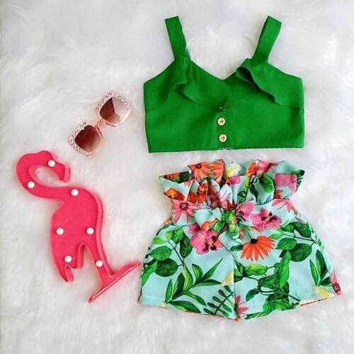 Baby Girls Floral Vest Girl Off Shoulder Crop Tops Kids Floral Printed Shorts Outfits Kid Sleeveless Clothes