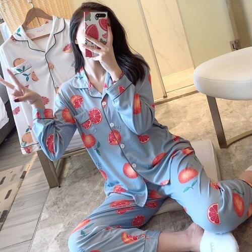 Winter Turn-down Collar Sexy Women Pajamas Set Milk Shreds Long Sleeve Homesuits Kawaii Grapefruit Print Sweet Girls Sleepwear
