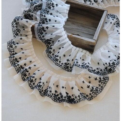 5m 10CM wide double-layer net yarn exquisite black flower longitudinal embroidery pleated 3d lace handmade DIY doll DIY