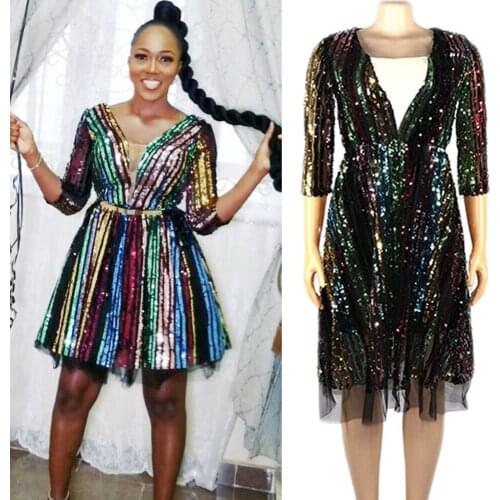 African Kanga Clothing Women Sequins Long Dress Half Sleeve Slim Party Evening Luxury Dress African Knee Length Dress Fashion