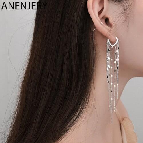 ANENJERY 925 Sterling Silver Shiny Long Tassel Chain Earring For Women Light Luxury Earline Heart Earbuckle Whole