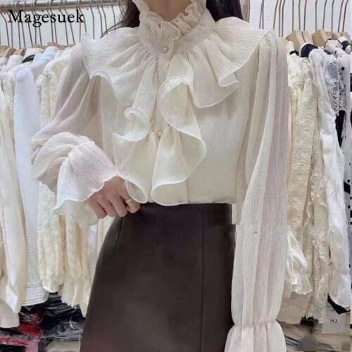 Korean Chic Ruffles Stitching Elegant Blouse Woman Stand Collar Button Chiffon Shirt Long Flare Sleeve Fashion Loose Tops 12946