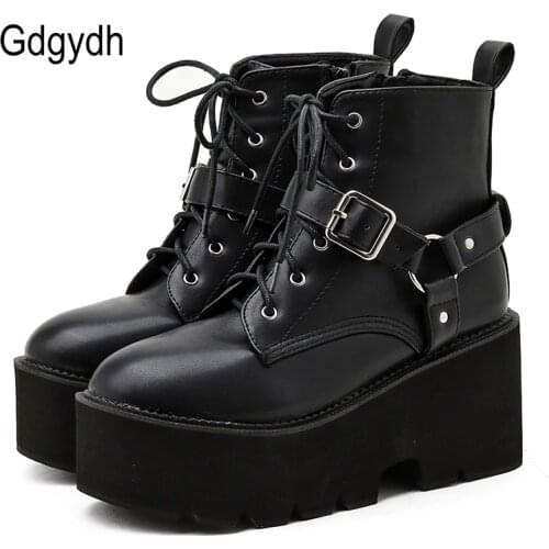 Gdgydh 2021 News Autumn Women Ankle Boots Round Toe Platform Chunky Heels Female Gothic Style Punk Ladies Shoes Black Size 35-39