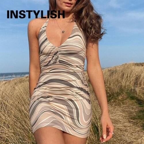 Instylish Sexy Halter V Neck Bodycon Dress Elegant Lace Up Backless Mini Dresses Vintage Y2K Striped Bandage Dress Beach Party