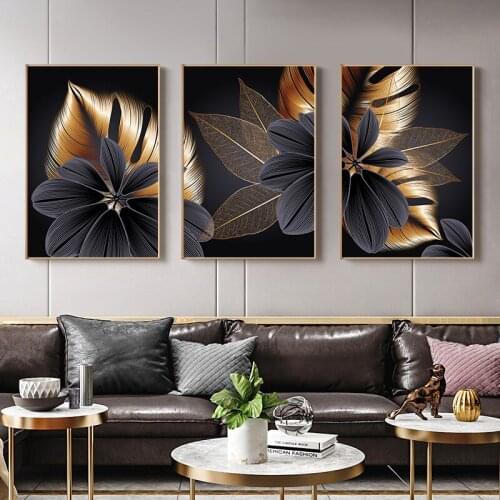 Black Golden Plant Leaf Canvas Poster Print Modern Decoaction Abstract Wall Art Painting Nordic Living RoomHome Decor Frameless
